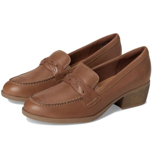 NEW CLARKS Leather Charlten Echo Heeled Comfort women Loafers  dark sand 725 4j2 - Picture 1 of 8
